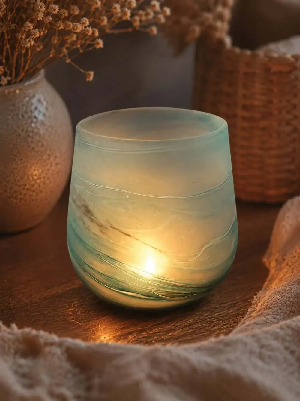 Hand Blown Phoenician Glass Candle Holder | Handmade in Palestine | Sea Glass Bl